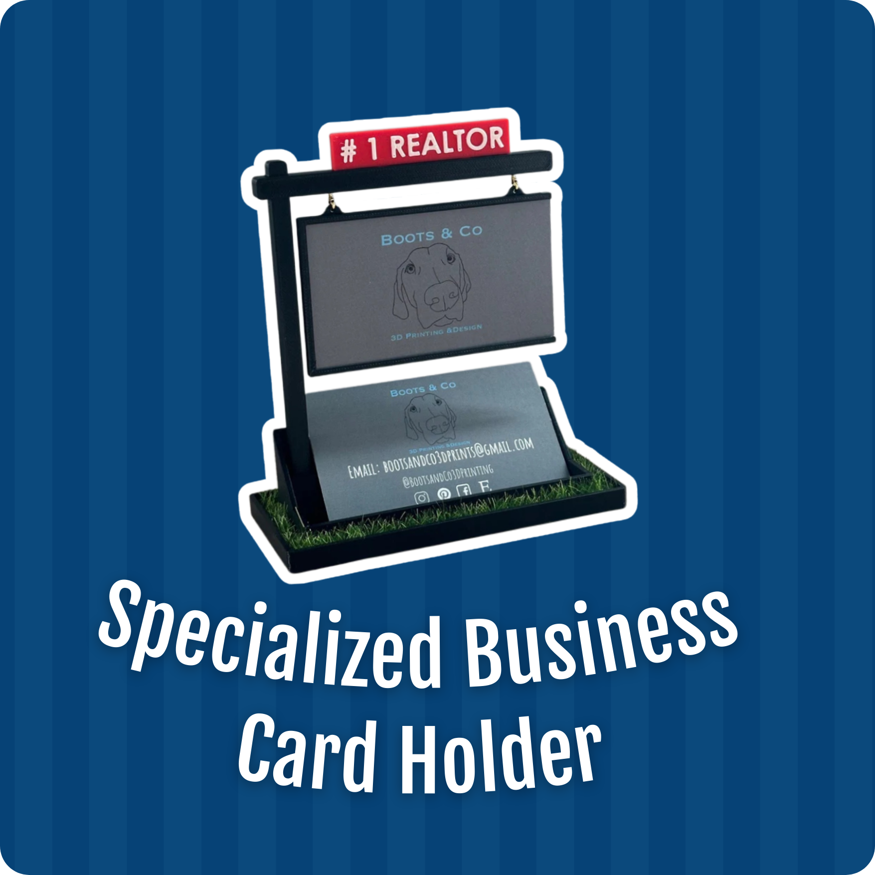 image of a business card hold that looks like a realtor sign over a blue lined background